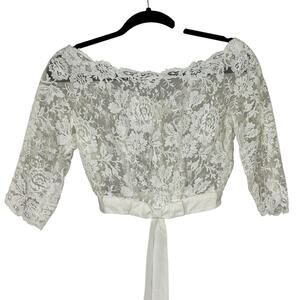 Vintage 50s Lace Sheer Wedding Crop Top Button Down Back Waist Bow Size S